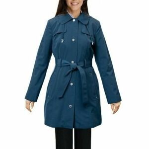 London Fog Trench rain dress Snap Coat w rem hood Dark‎ Teal Small S NEW